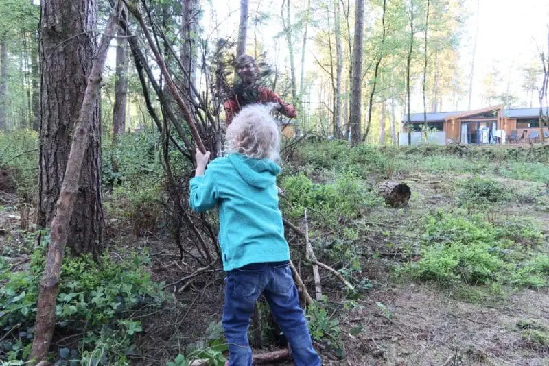 building a den in the woods at Darwin Forest