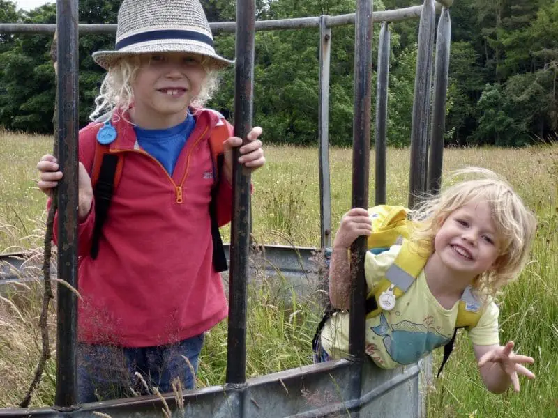 children in cattle feeder cage