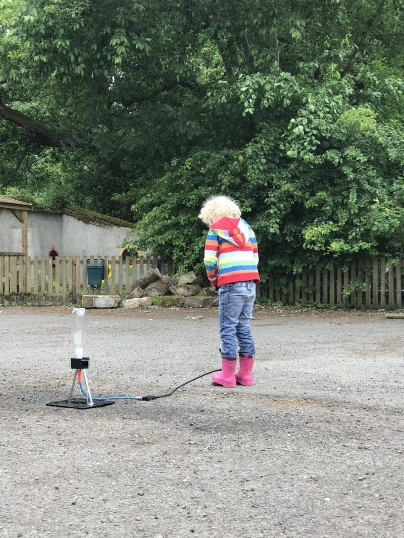pumping air into water in a bottle to create pressure for it to fire into the air