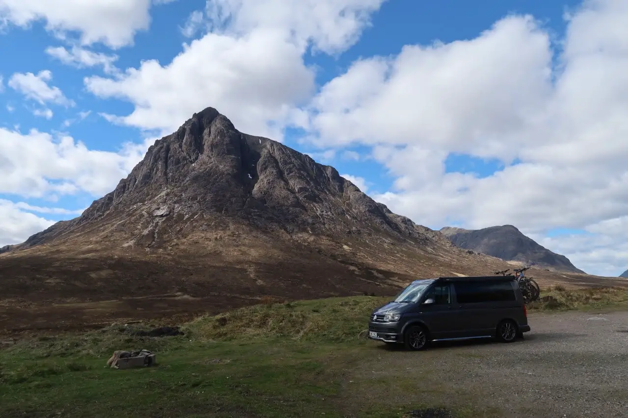 campervan in front of mountains
