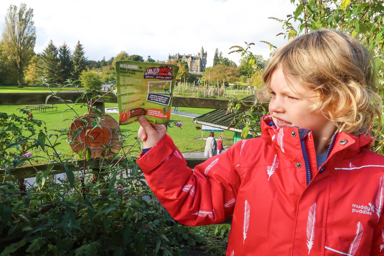 child holding up a leaflet for a Halloween trail beside a letter pumpkin