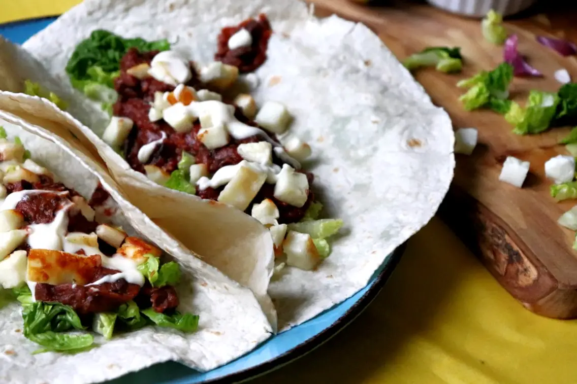 refried beans and halloumi tacos