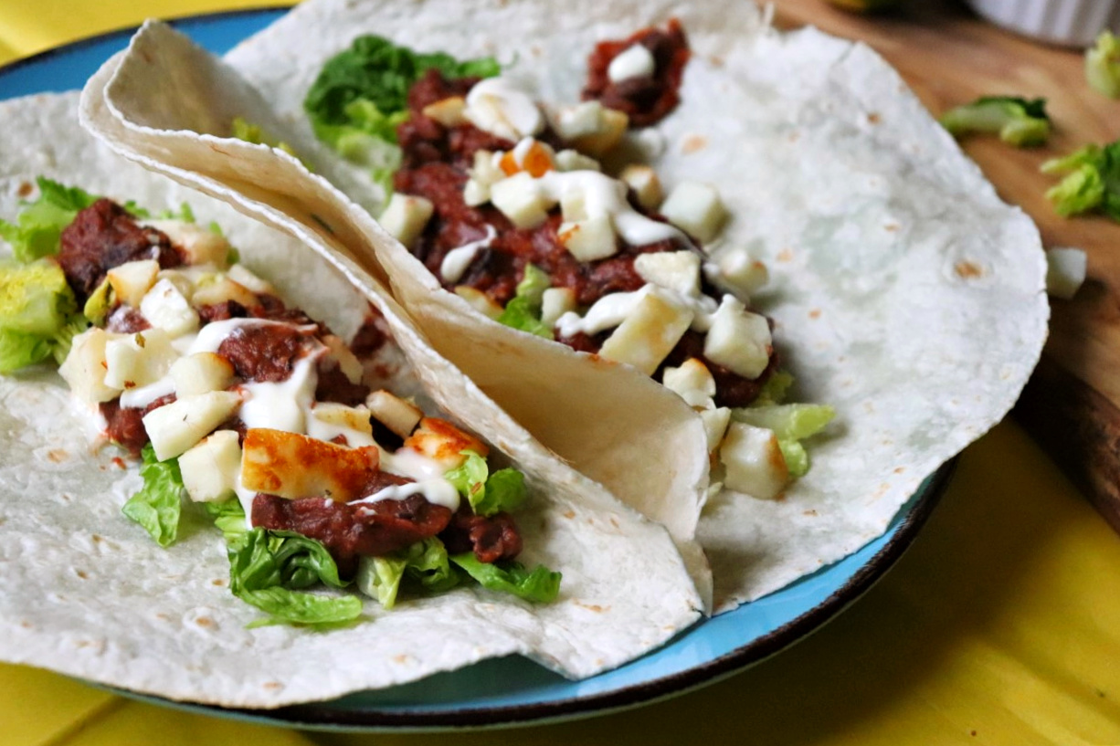 Refried beans and halloumi