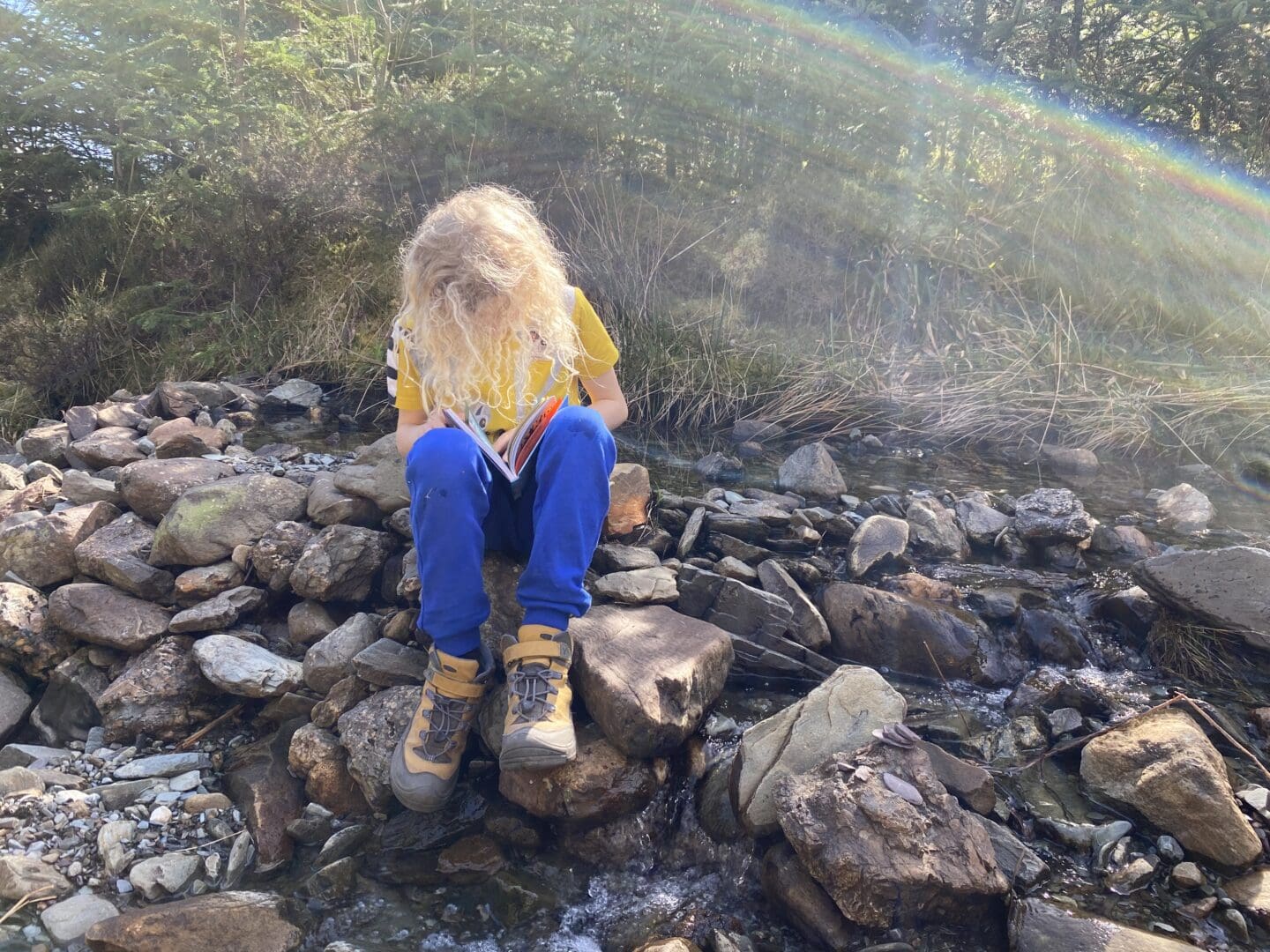 child in blue trousers and yellow top reading a book on a rock in a stream