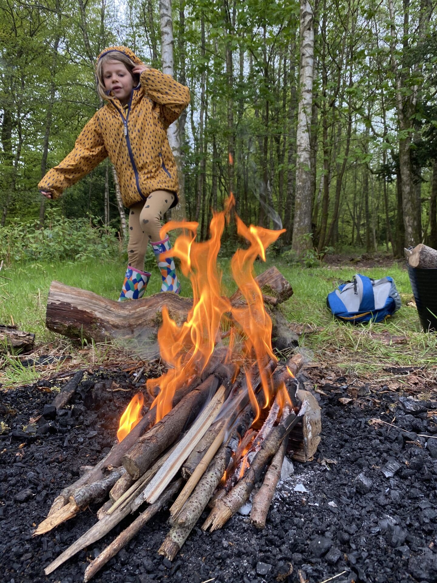 child beside a fire in the woods