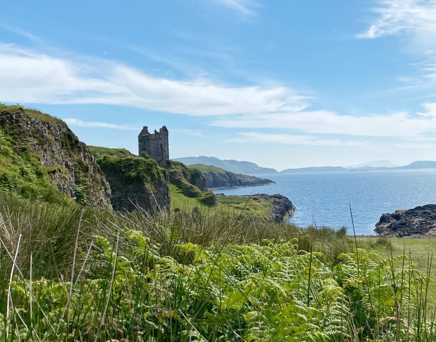 Gylen castle on Kerrera with beautiful blue skies and sea