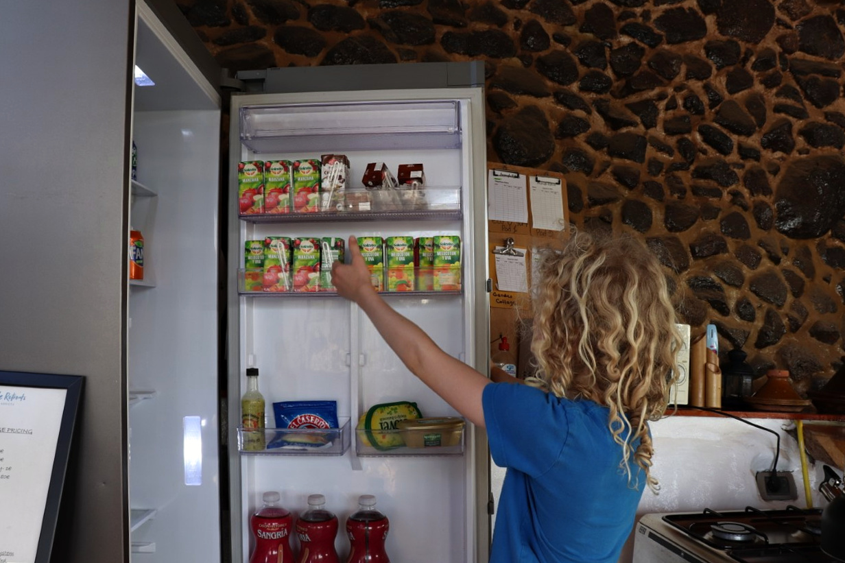 child looking in a fridge