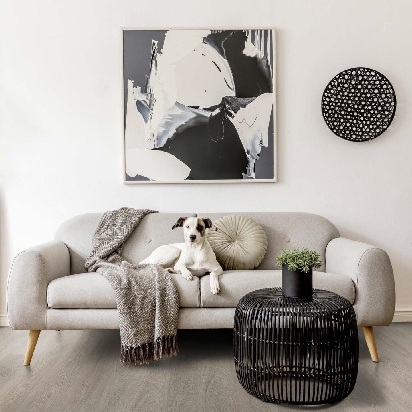 vinyl flooring in a black and white living room theme