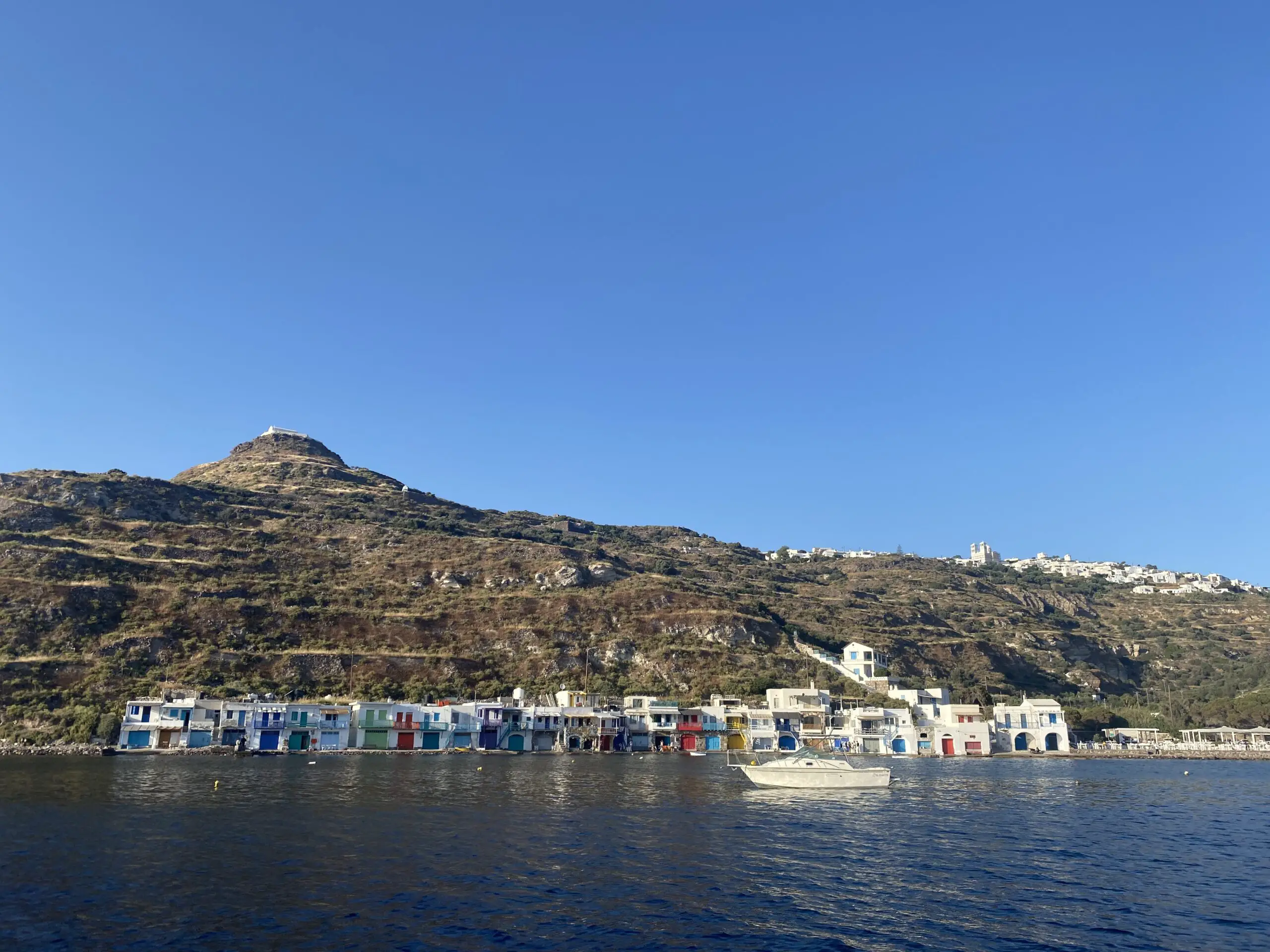 Small fishing village Milos, Greece, sea, blue