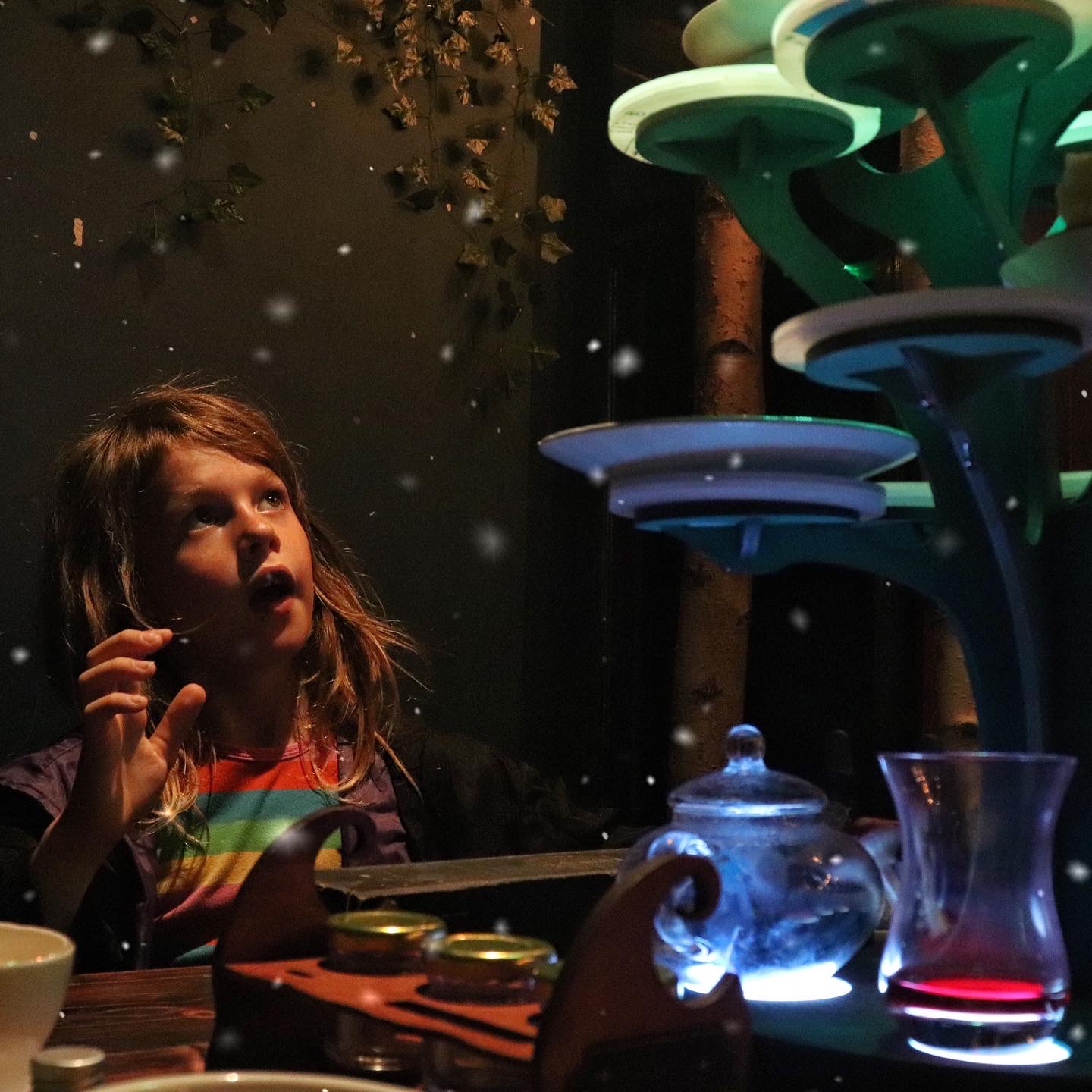 Child staring at lights and cake stand