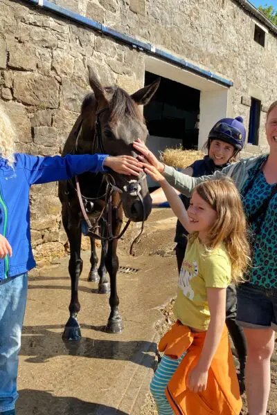 Family petting a racehorse