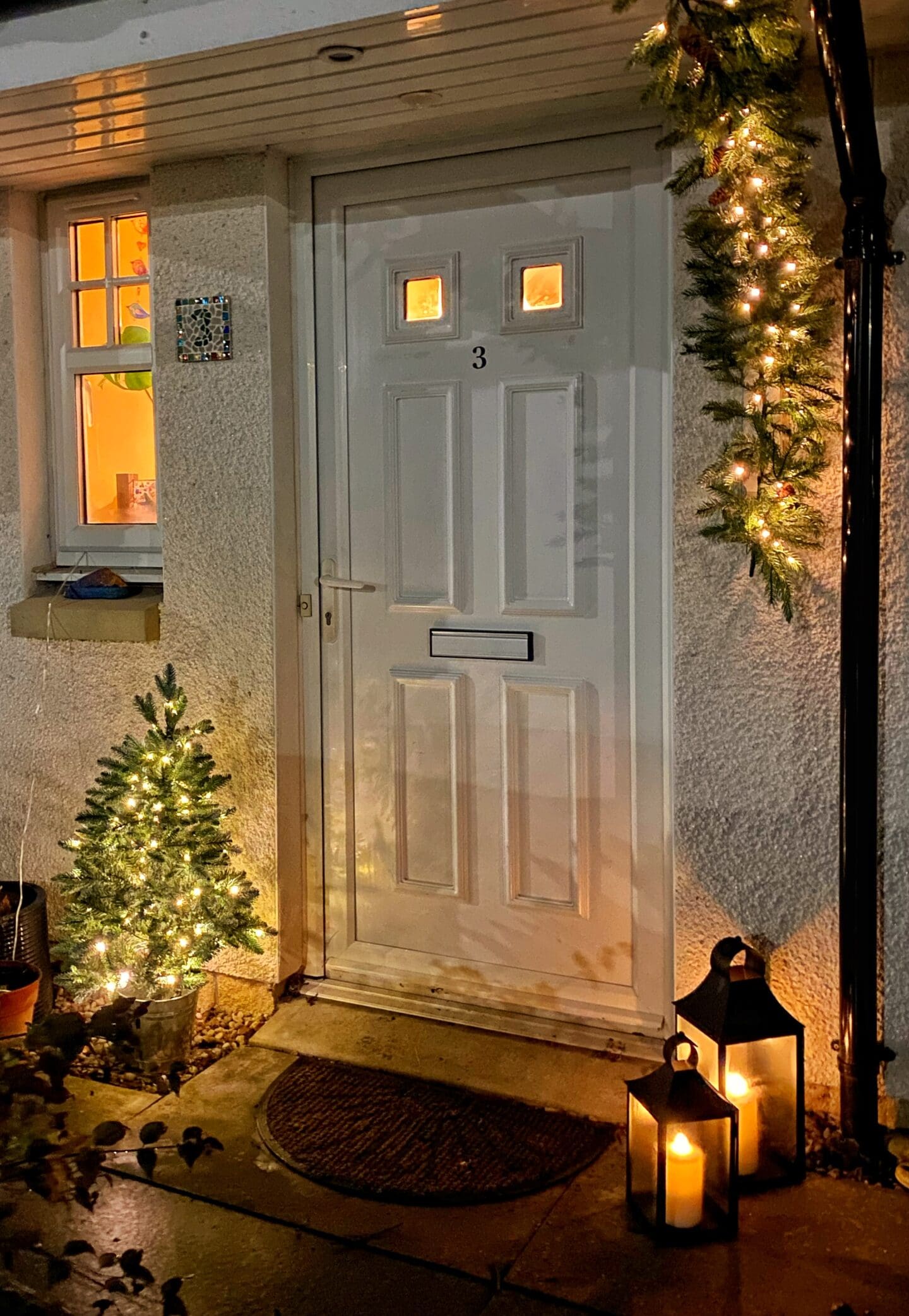 Christmas tree and lantern and garland pre lit