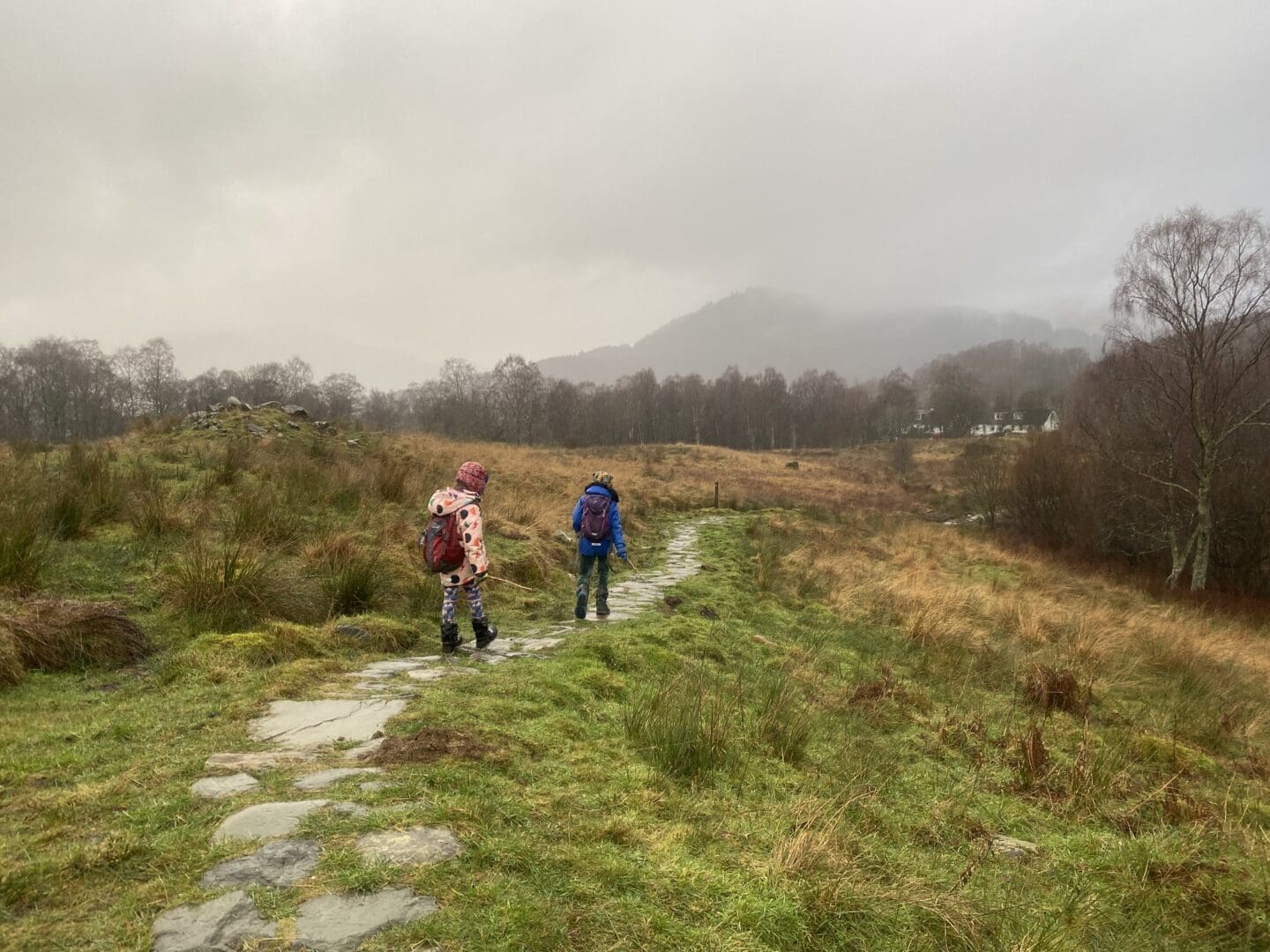 Children walking along path in the grass in Scotland