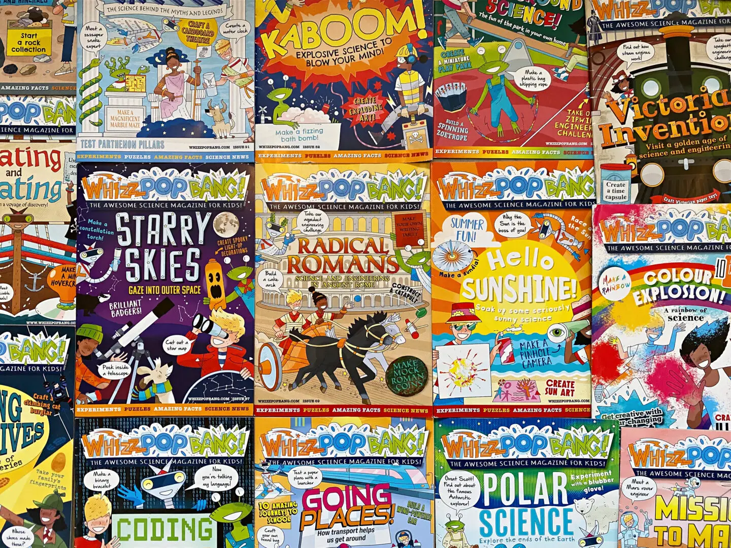 Display of Whizz Pop Bang magazine covers