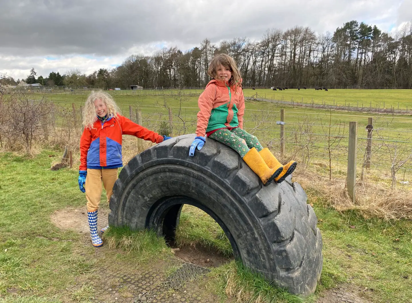 Children on a giant tyre of nature play trail