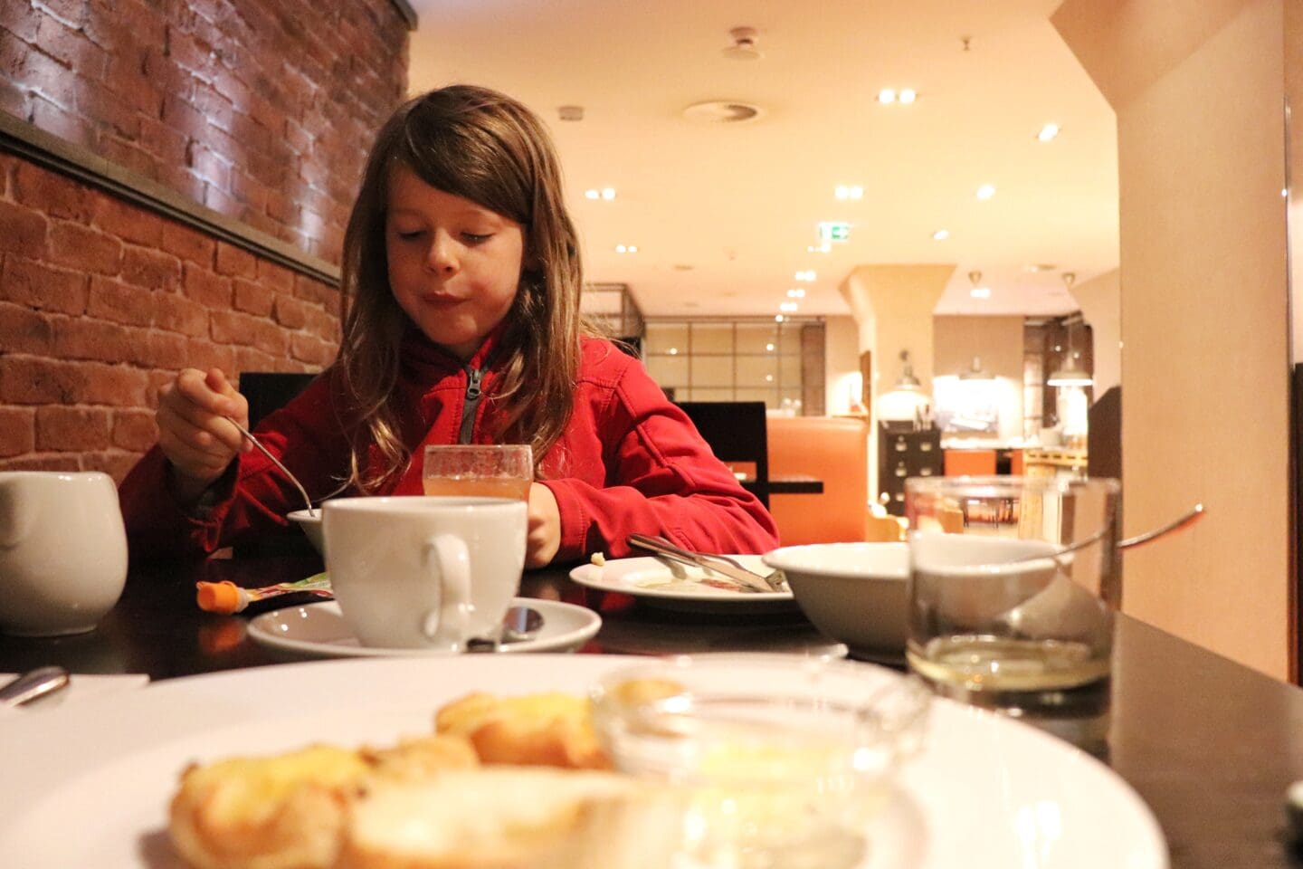 Eating breakfast at hotel