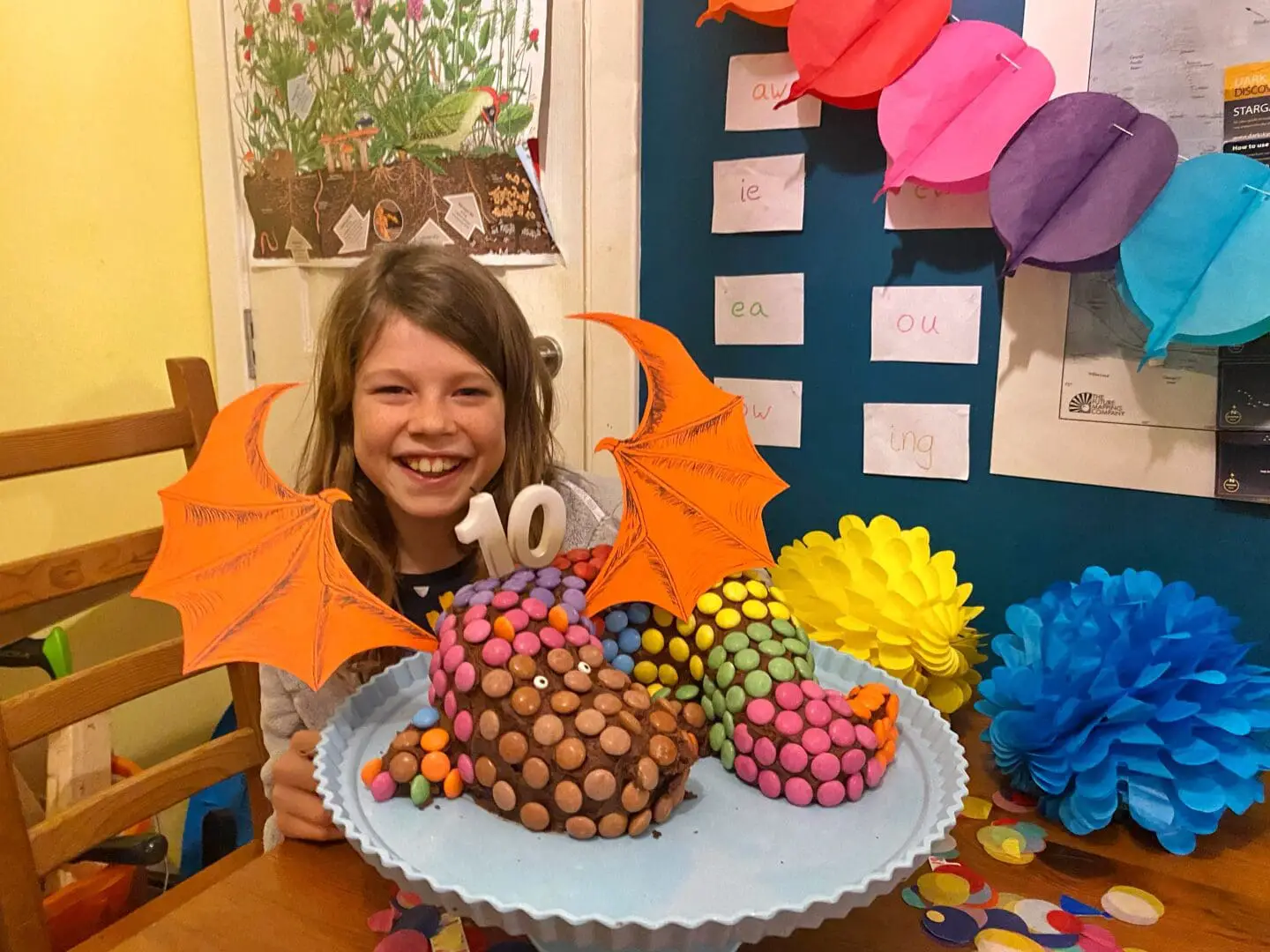 Child with dragon cake