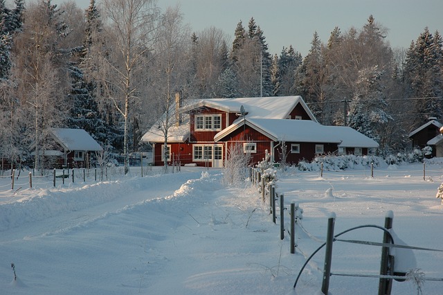 Red House in snow covered landscape